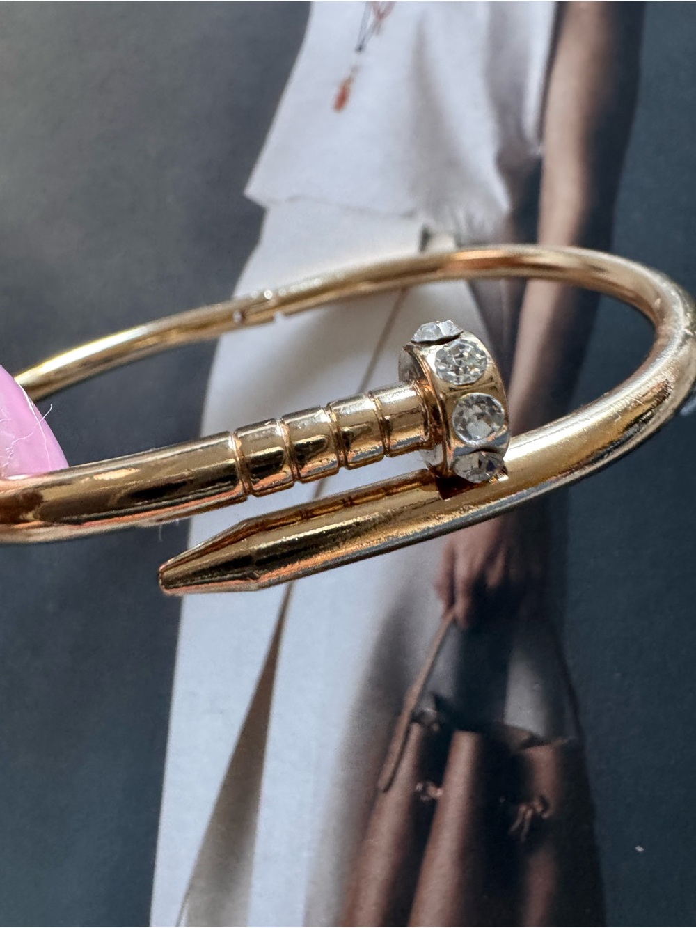 Fashion Gold Nail-Design Crystal Accent Bangle Bracelet - Women Jewelry